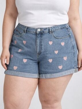Denim Heart Print Women’s Shorts - Pink Hearts size 3X